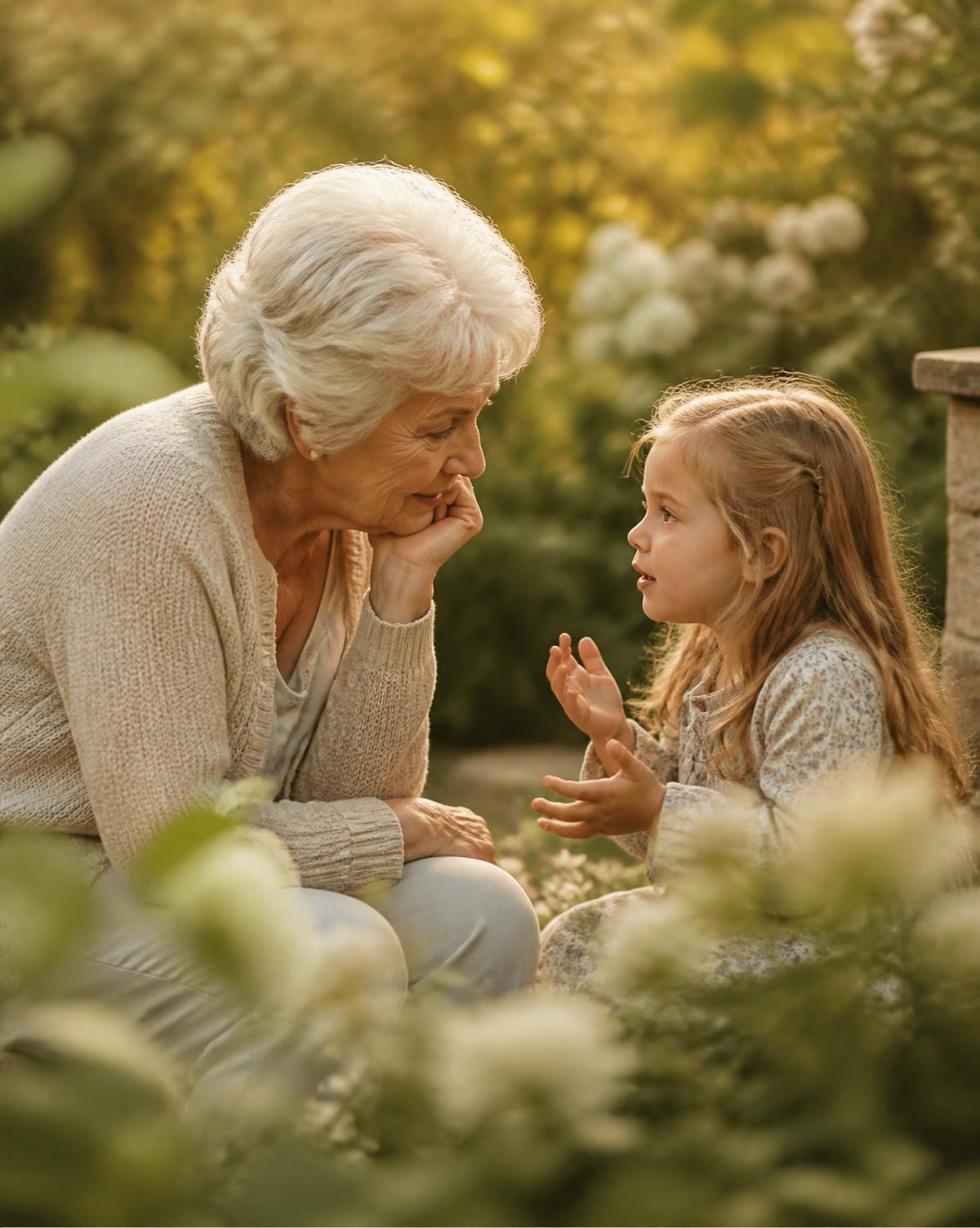 A grandparent listening closely to a grandchild in a garden