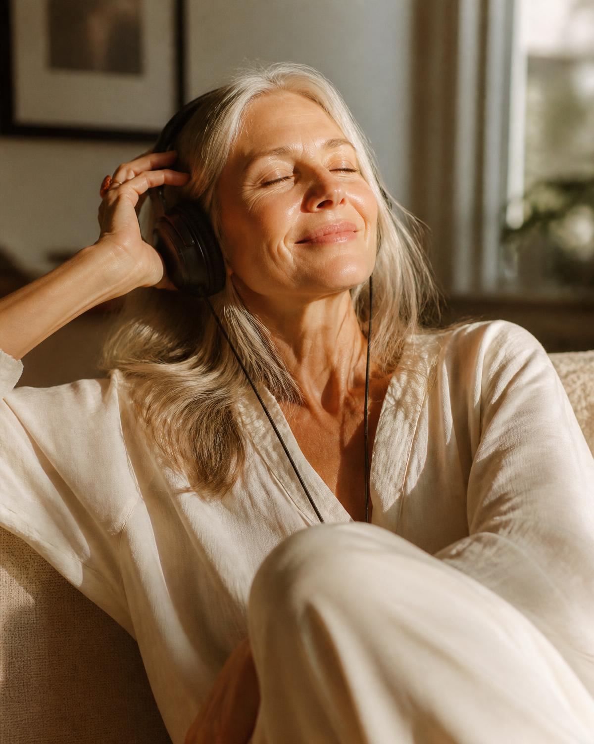 A woman with her eyes closed, enjoying music at home