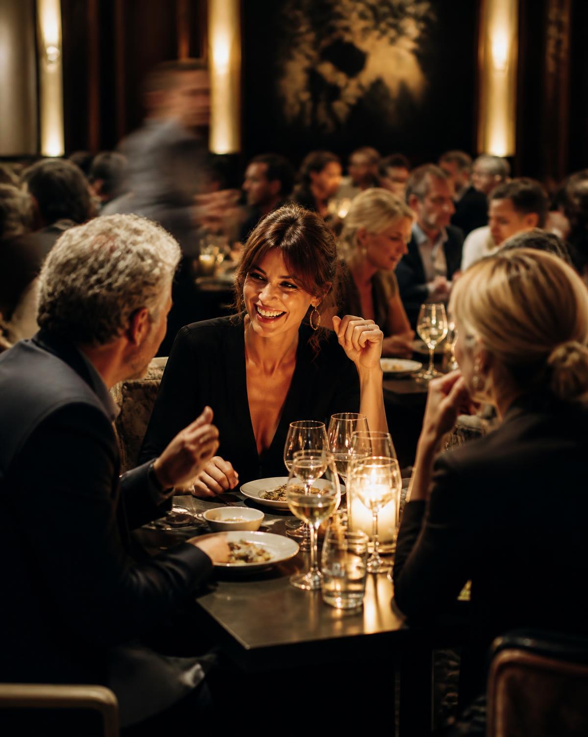 Friends in conversation at a candlelit restaurant table